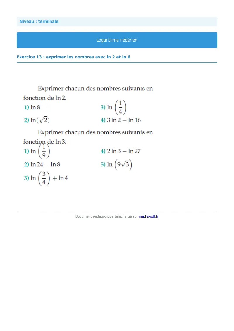 Logarithme népérien : exercice n°13 de maths en terminale corrigé en PDF