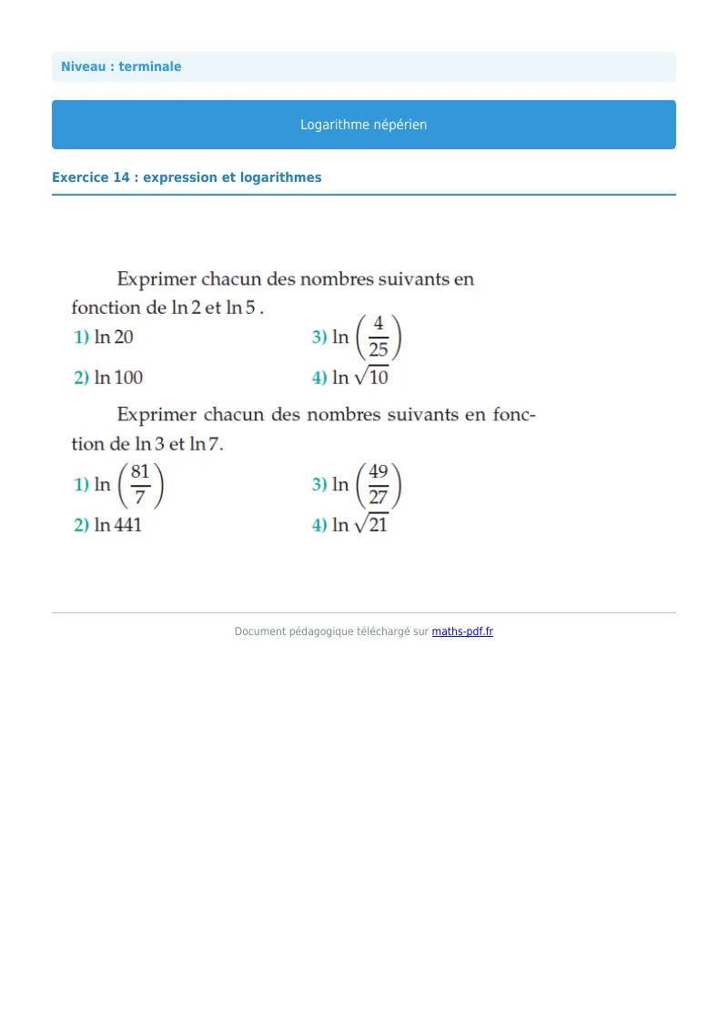 Logarithme népérien : exercice n°14 de maths en terminale corrigé en PDF