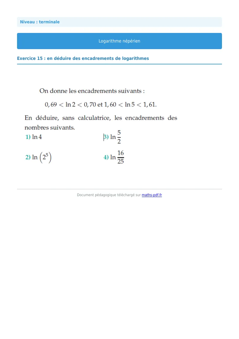 Logarithme népérien : exercice n°15 de maths en terminale corrigé en PDF