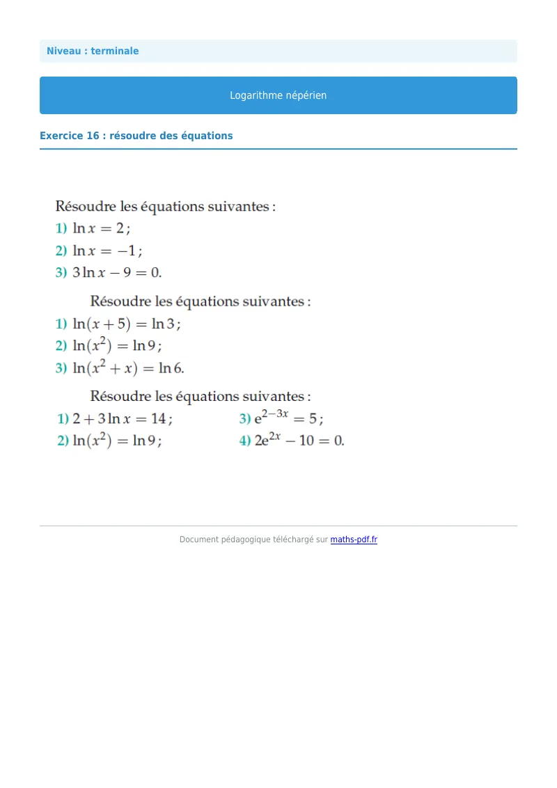 Logarithme népérien : exercice n°16 de maths en terminale corrigé en PDF