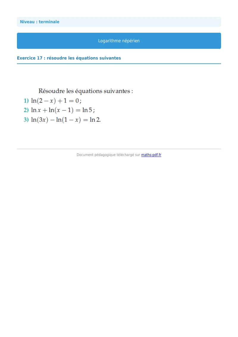 Logarithme népérien : exercice n°17 de maths en terminale corrigé en PDF