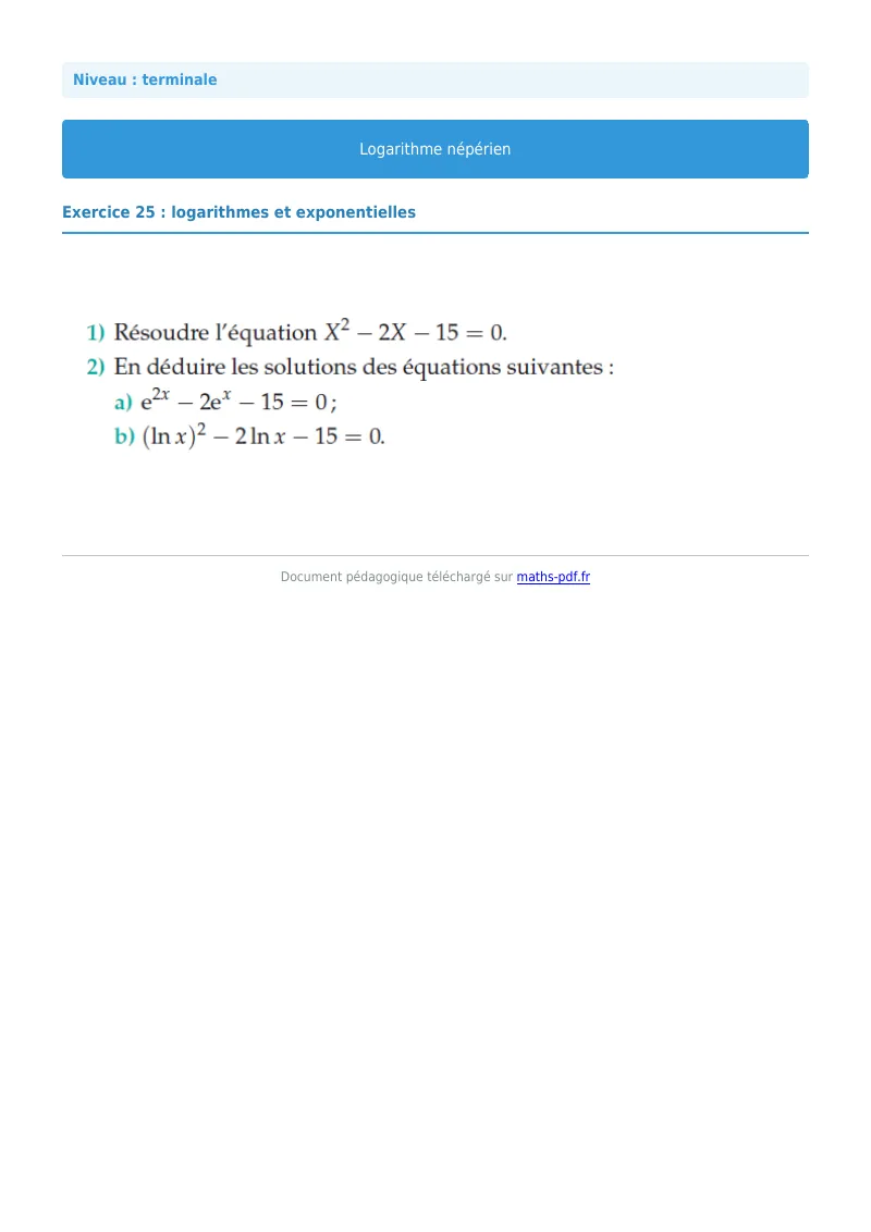 Logarithme népérien : exercice n°25 de maths en terminale corrigé en PDF