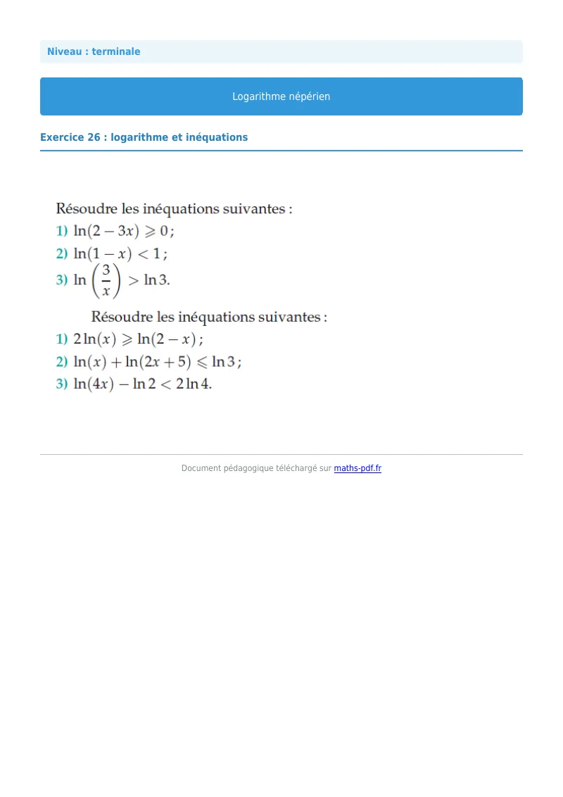 Logarithme népérien : exercice n°26 de maths en terminale corrigé en PDF