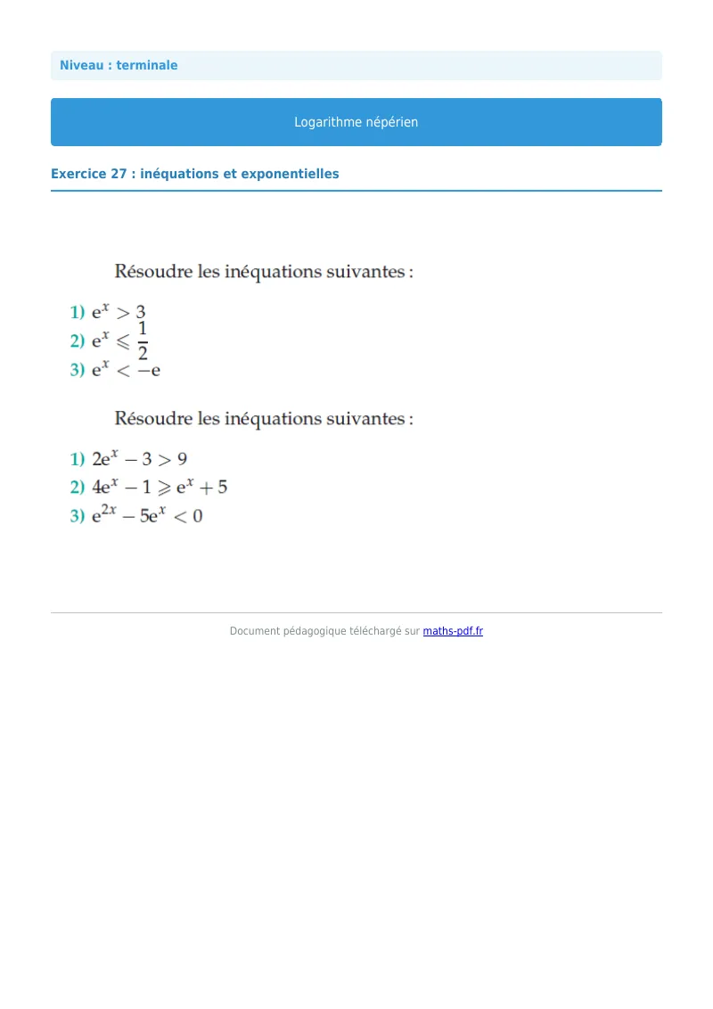 Logarithme népérien : exercice n°27 de maths en terminale corrigé en PDF