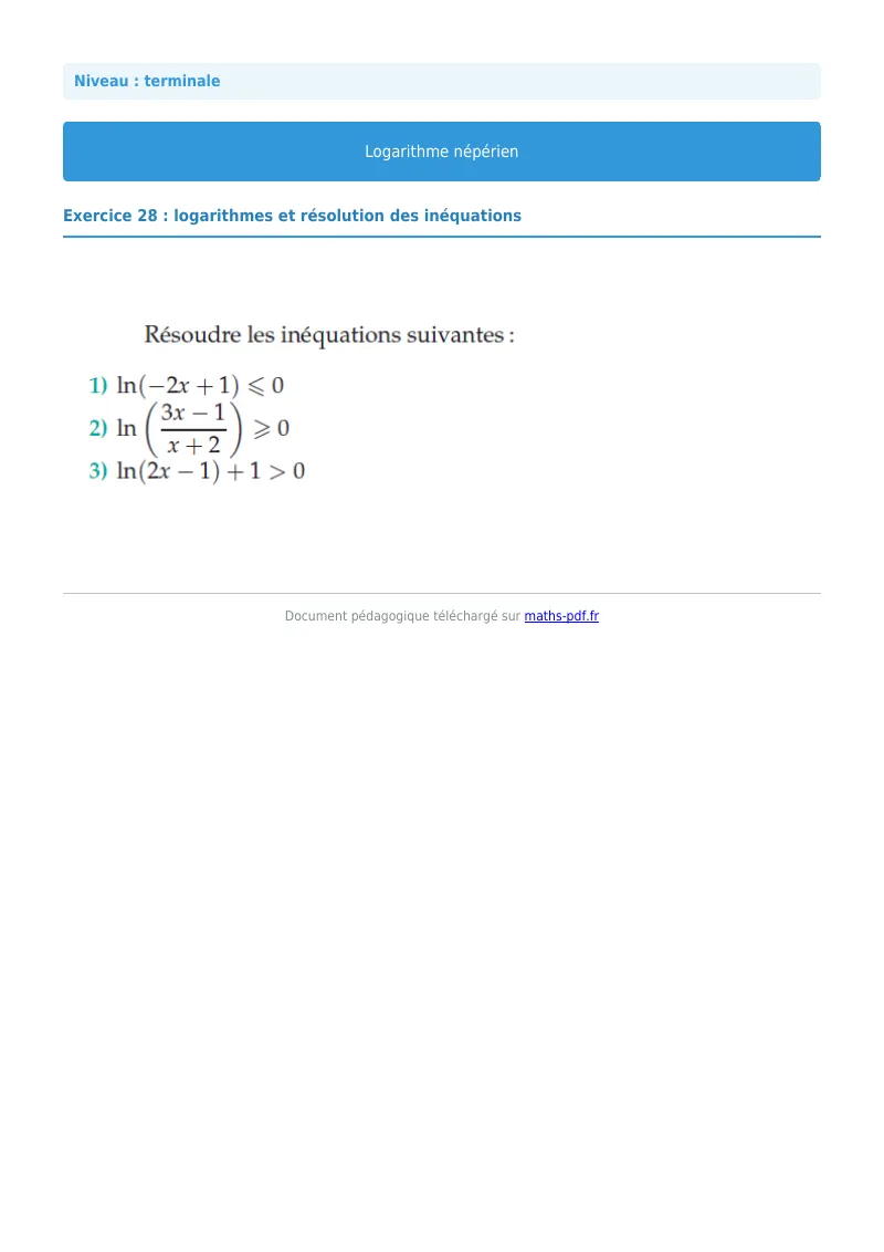Logarithme népérien : exercice n°28 de maths en terminale corrigé en PDF