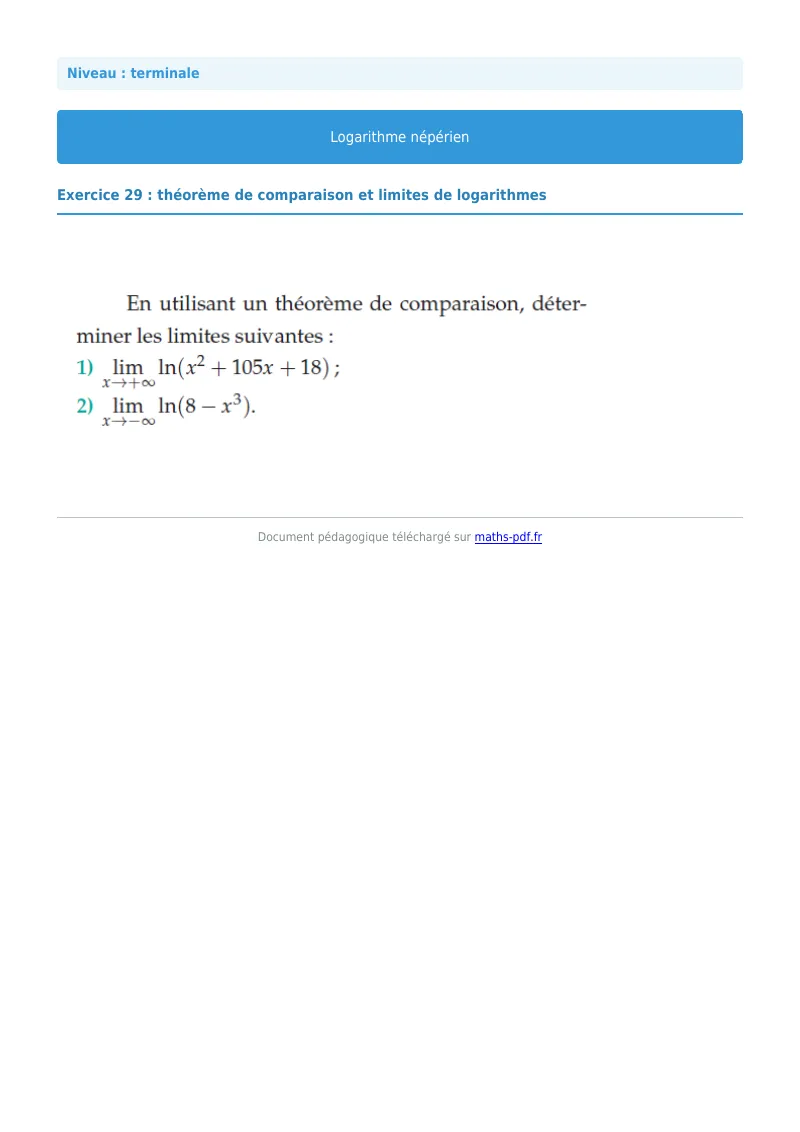 Logarithme népérien : exercice n°29 de maths en terminale corrigé en PDF