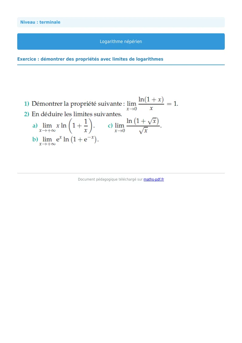 Logarithme népérien : exercice n°30 de maths en terminale corrigé en PDF