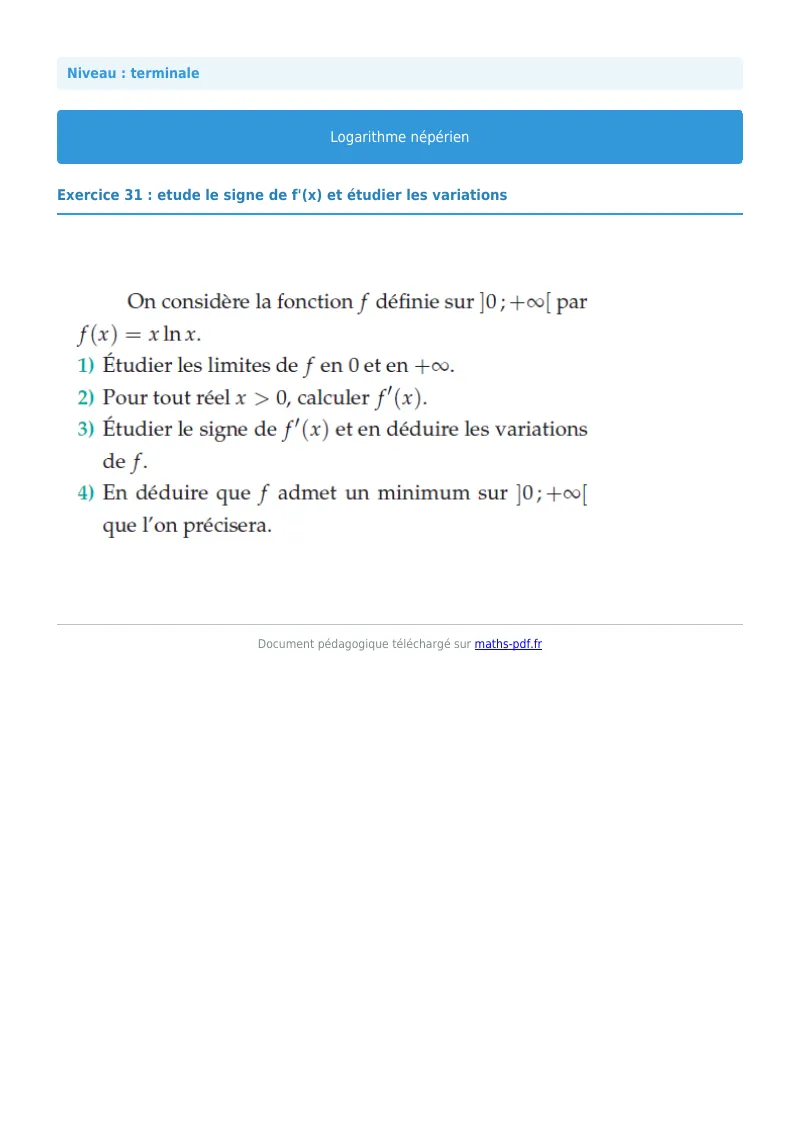 Logarithme népérien : exercice n°31 de maths en terminale corrigé en PDF