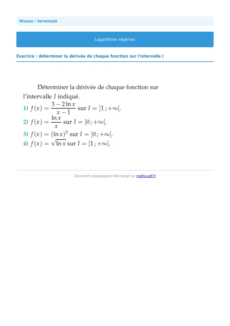 Logarithme népérien : exercice n°32 de maths en terminale corrigé en PDF