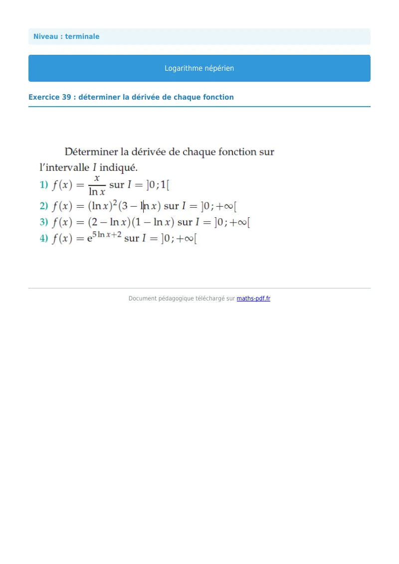 Logarithme népérien : exercice n°39 de maths en terminale corrigé en PDF