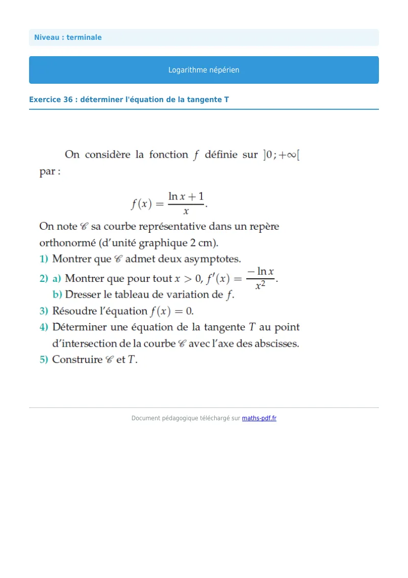 Logarithme népérien : exercice n°36 de maths en terminale corrigé en PDF