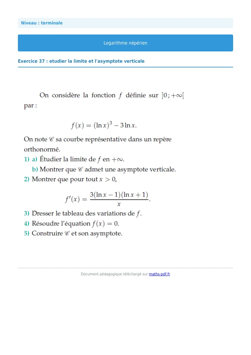 Logarithme népérien : exercice n°37 de maths en terminale corrigé en PDF