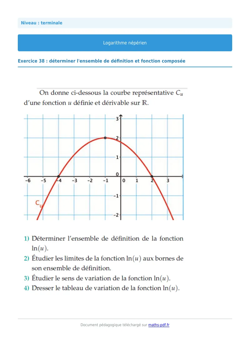Logarithme népérien : exercice n°38 de maths en terminale corrigé en PDF