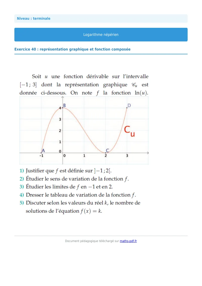Logarithme népérien : exercice n°40 de maths en terminale corrigé en PDF