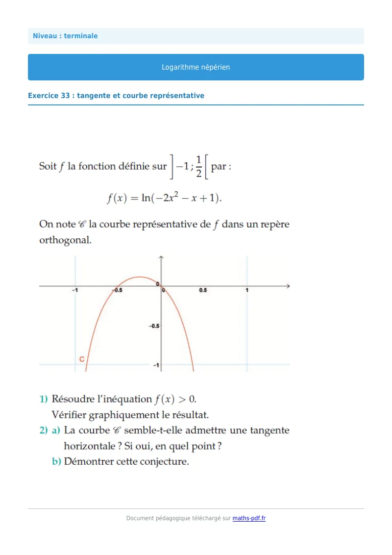 Logarithme népérien : exercice n°33 de maths en terminale corrigé en PDF