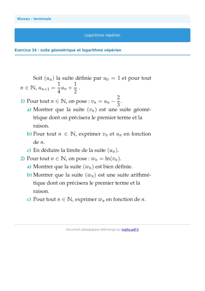 Logarithme népérien : exercice n°34 de maths en terminale corrigé en PDF