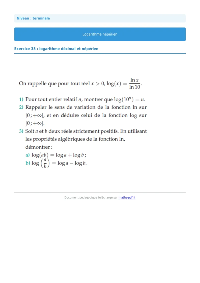 Logarithme népérien : exercice n°35 de maths en terminale corrigé en PDF
