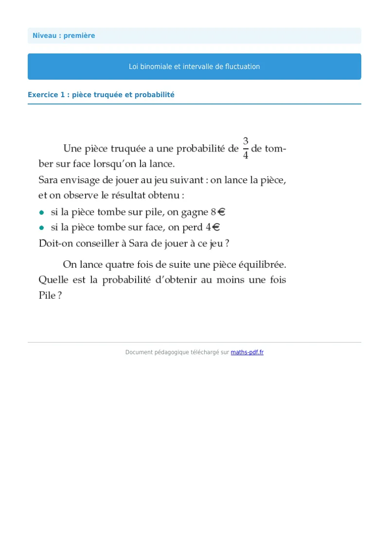 Loi binomiale et intervalle de fluctuation : exercice n°1 de maths en première corrigé en PDF