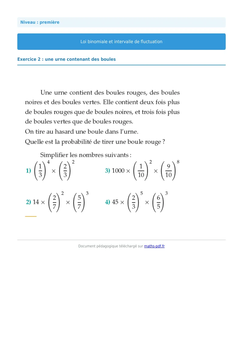 Loi binomiale et intervalle de fluctuation : exercice n°2 de maths en première corrigé en PDF