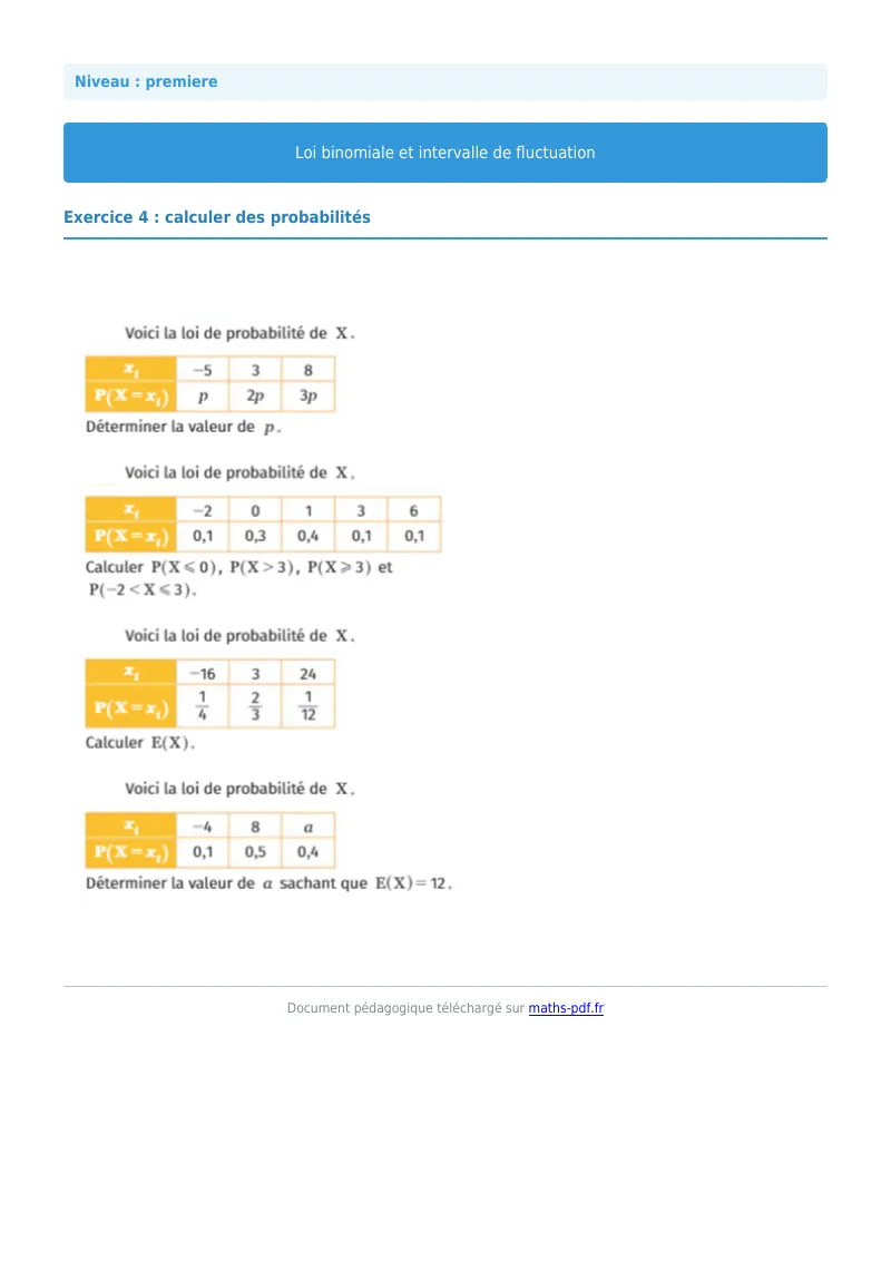 Loi binomiale et intervalle de fluctuation : exercice n°4 de maths en première corrigé en PDF