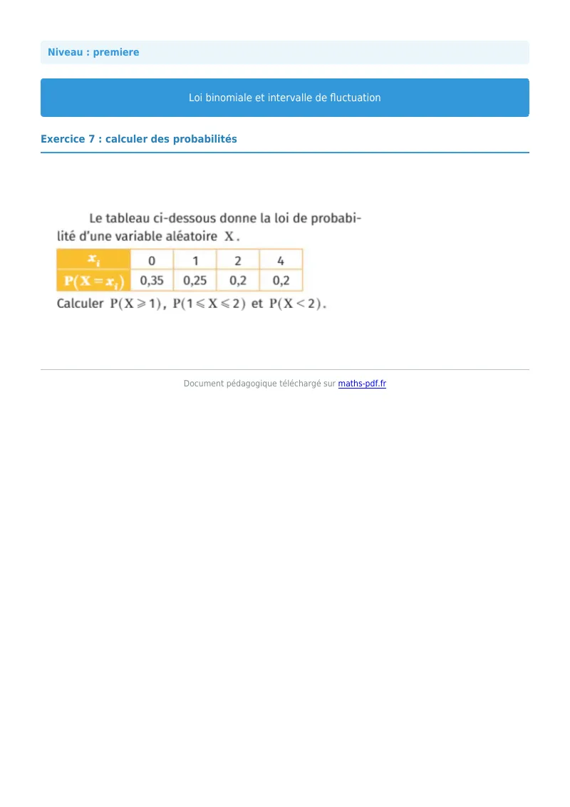 Loi binomiale et intervalle de fluctuation : exercice n°7 de maths en première corrigé en PDF