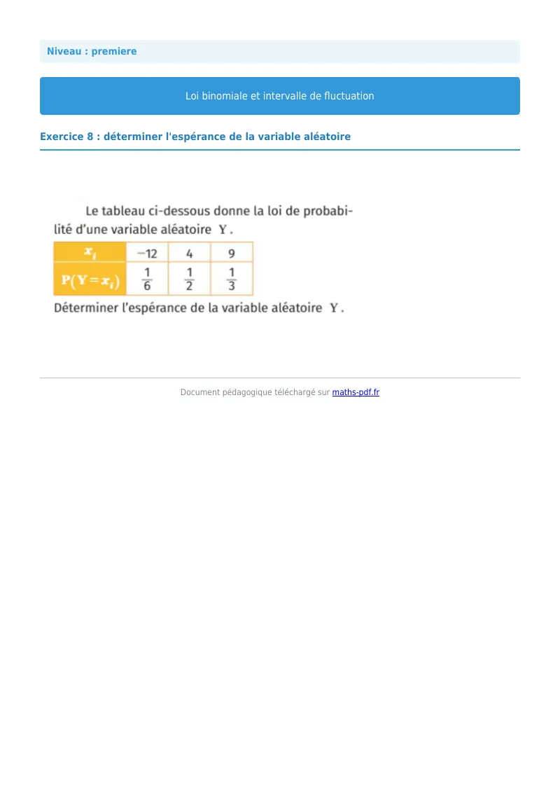 Loi binomiale et intervalle de fluctuation : exercice n°8 de maths en première corrigé en PDF