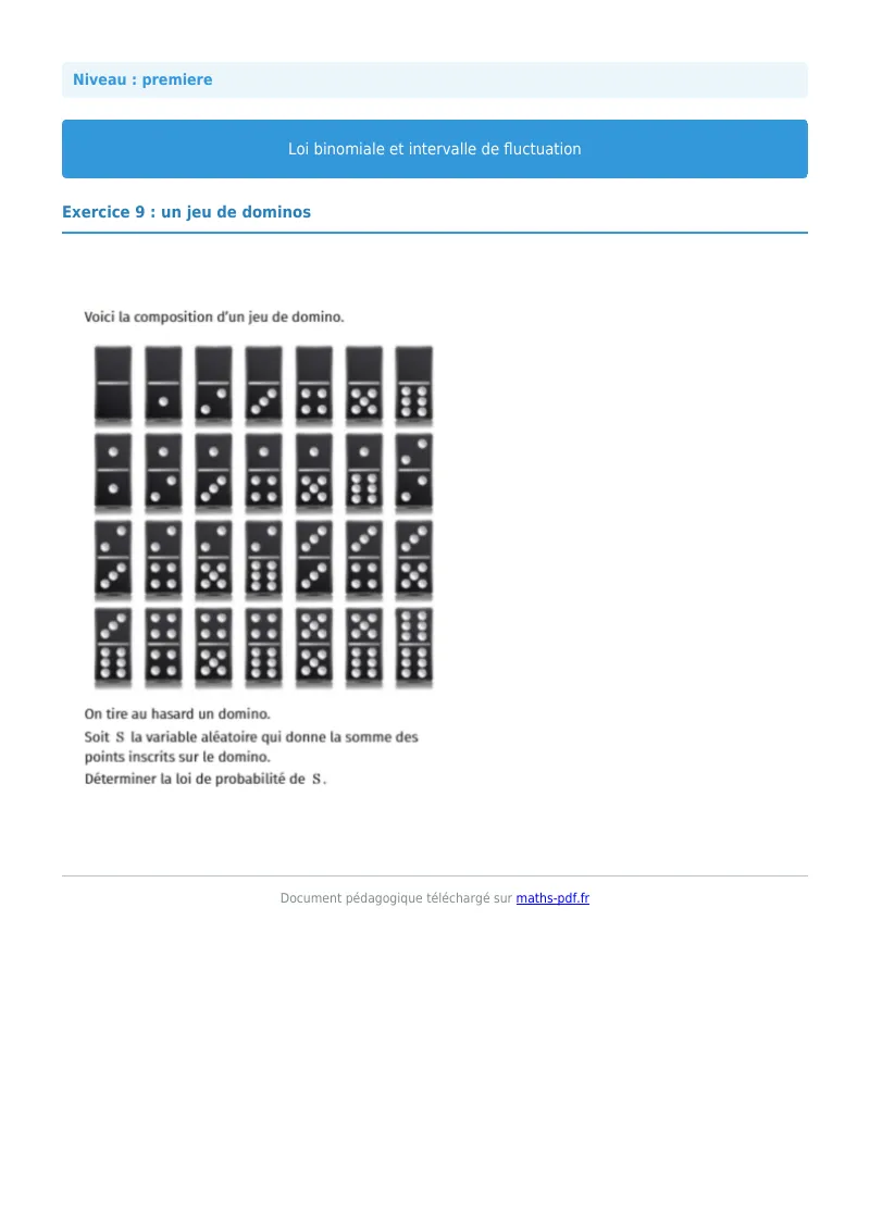 Loi binomiale et intervalle de fluctuation : exercice n°9 de maths en première corrigé en PDF