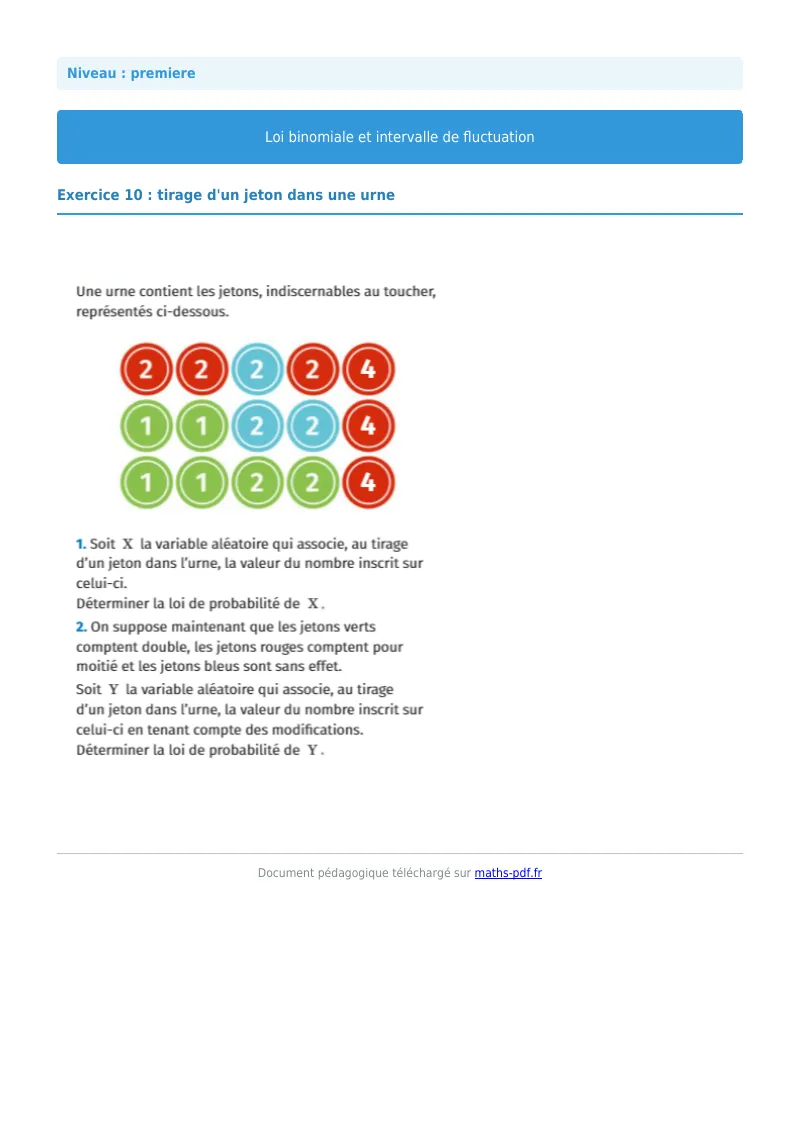 Loi binomiale et intervalle de fluctuation : exercice n°10 de maths en première corrigé en PDF