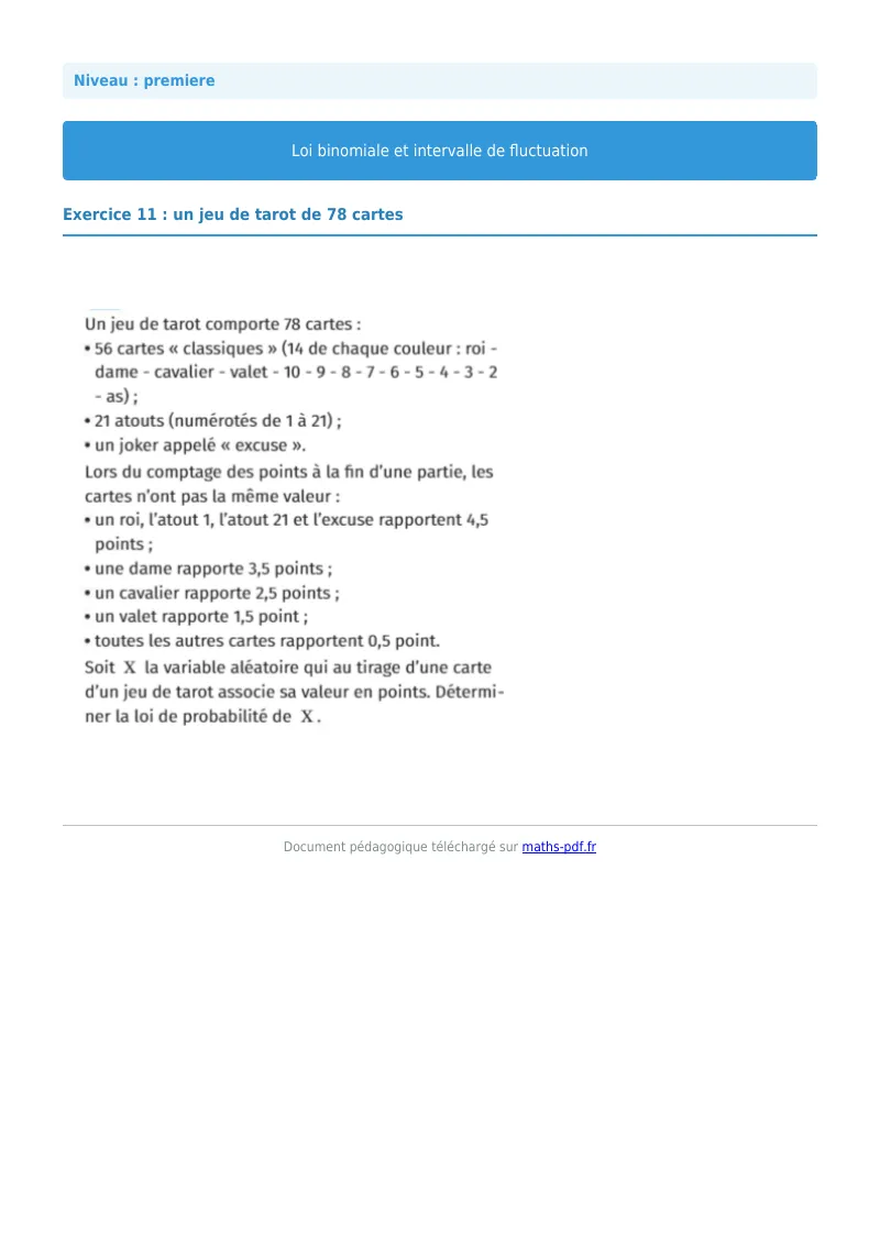 Loi binomiale et intervalle de fluctuation : exercice n°11 de maths en première corrigé en PDF