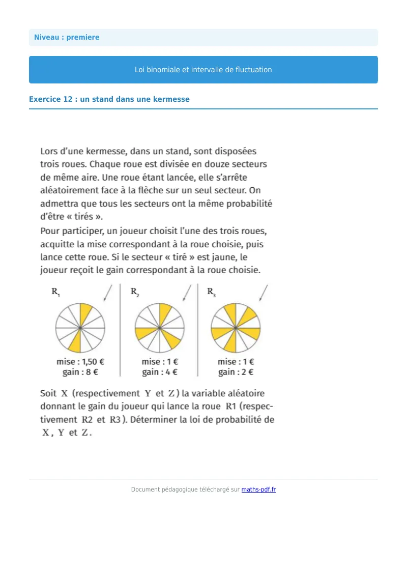 Loi binomiale et intervalle de fluctuation : exercice n°12 de maths en première corrigé en PDF