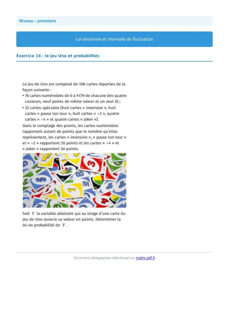 Loi binomiale et intervalle de fluctuation : exercice n°14 de maths en première corrigé en PDF