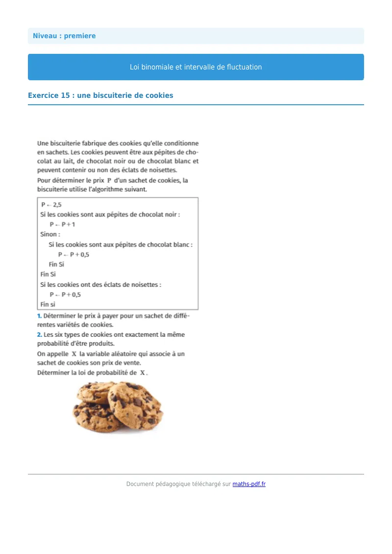 Loi binomiale et intervalle de fluctuation : exercice n°15 de maths en première corrigé en PDF
