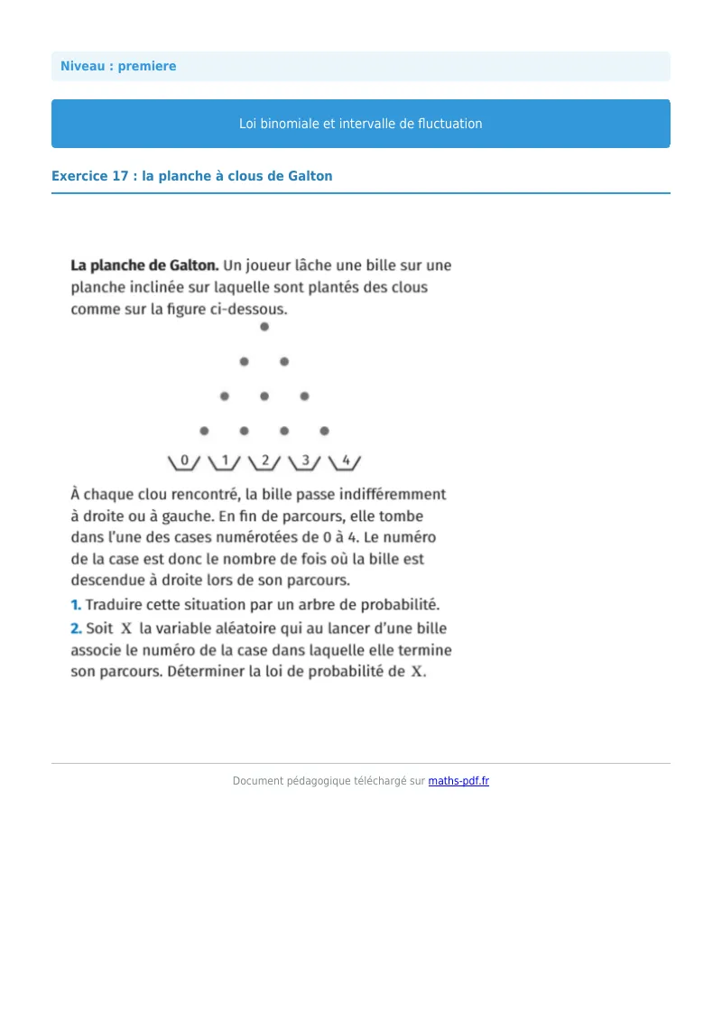 Loi binomiale et intervalle de fluctuation : exercice n°17 de maths en première corrigé en PDF