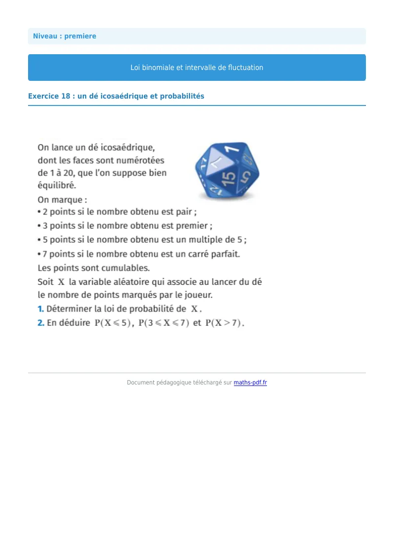 Loi binomiale et intervalle de fluctuation : exercice n°18 de maths en première corrigé en PDF