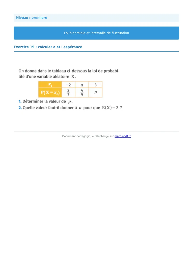 Loi binomiale et intervalle de fluctuation : exercice n°19 de maths en première corrigé en PDF