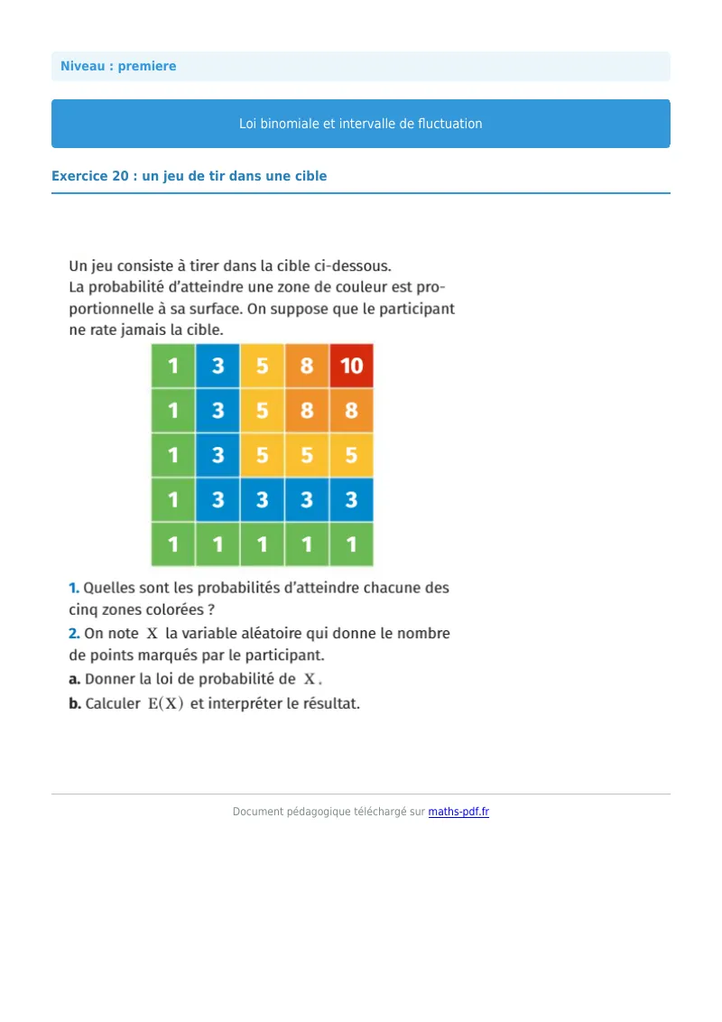 Loi binomiale et intervalle de fluctuation : exercice n°20 de maths en première corrigé en PDF
