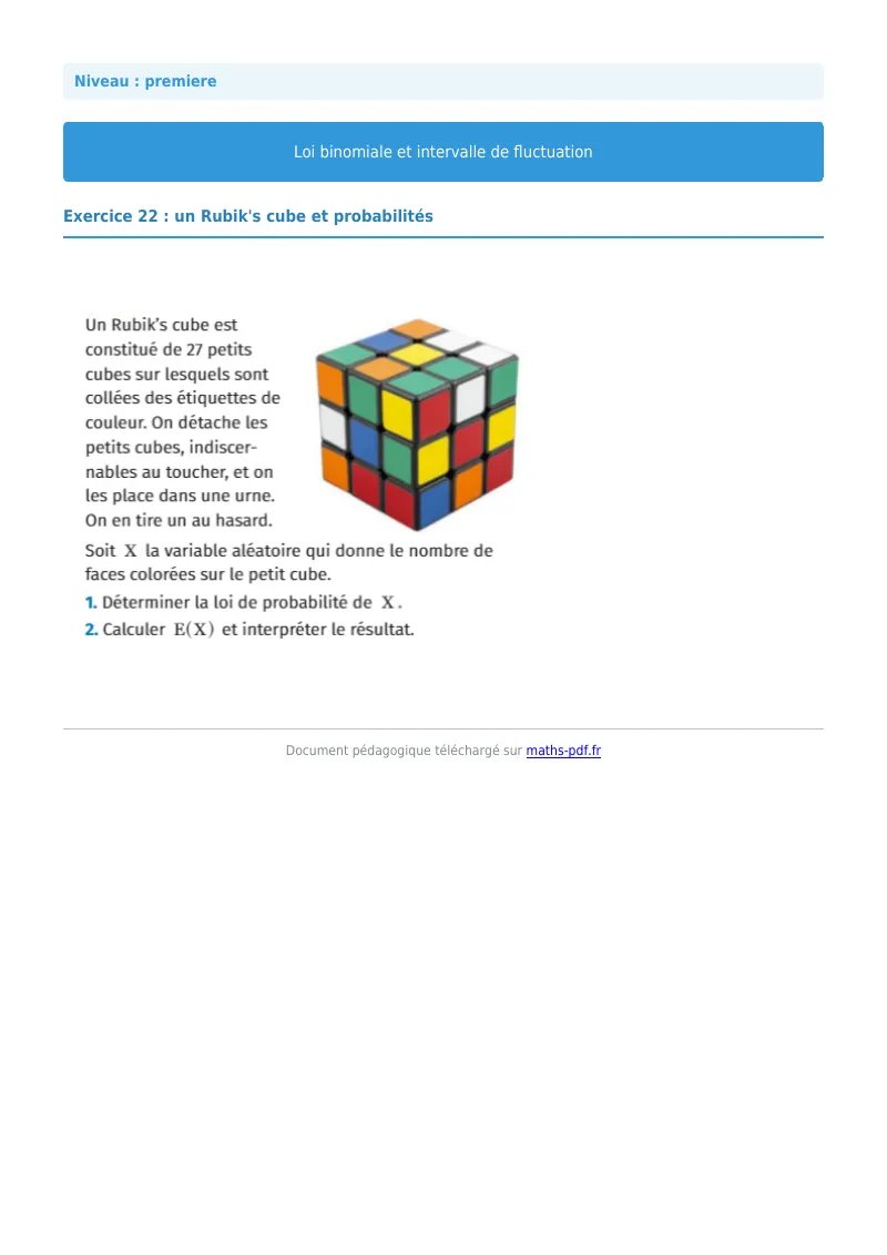Loi binomiale et intervalle de fluctuation : exercice n°22 de maths en première corrigé en PDF