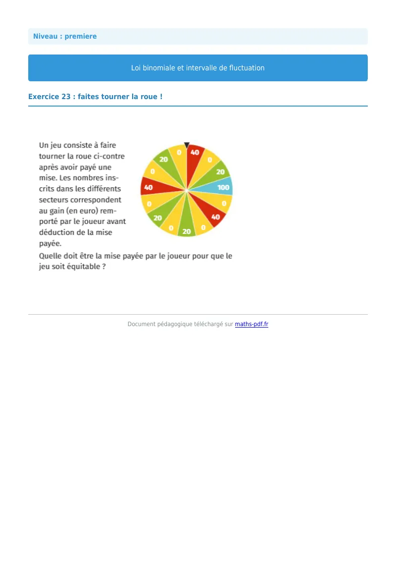 Loi binomiale et intervalle de fluctuation : exercice n°23 de maths en première corrigé en PDF
