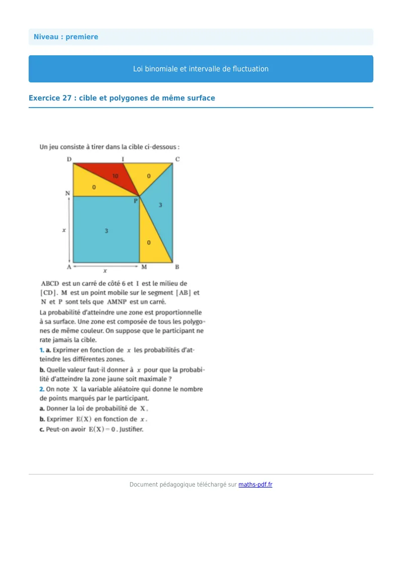 Loi binomiale et intervalle de fluctuation : exercice n°27 de maths en première corrigé en PDF
