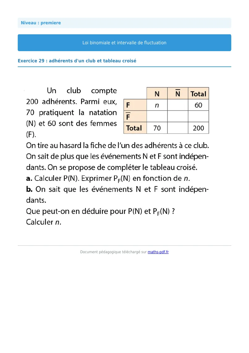 Loi binomiale et intervalle de fluctuation : exercice n°29 de maths en première corrigé en PDF