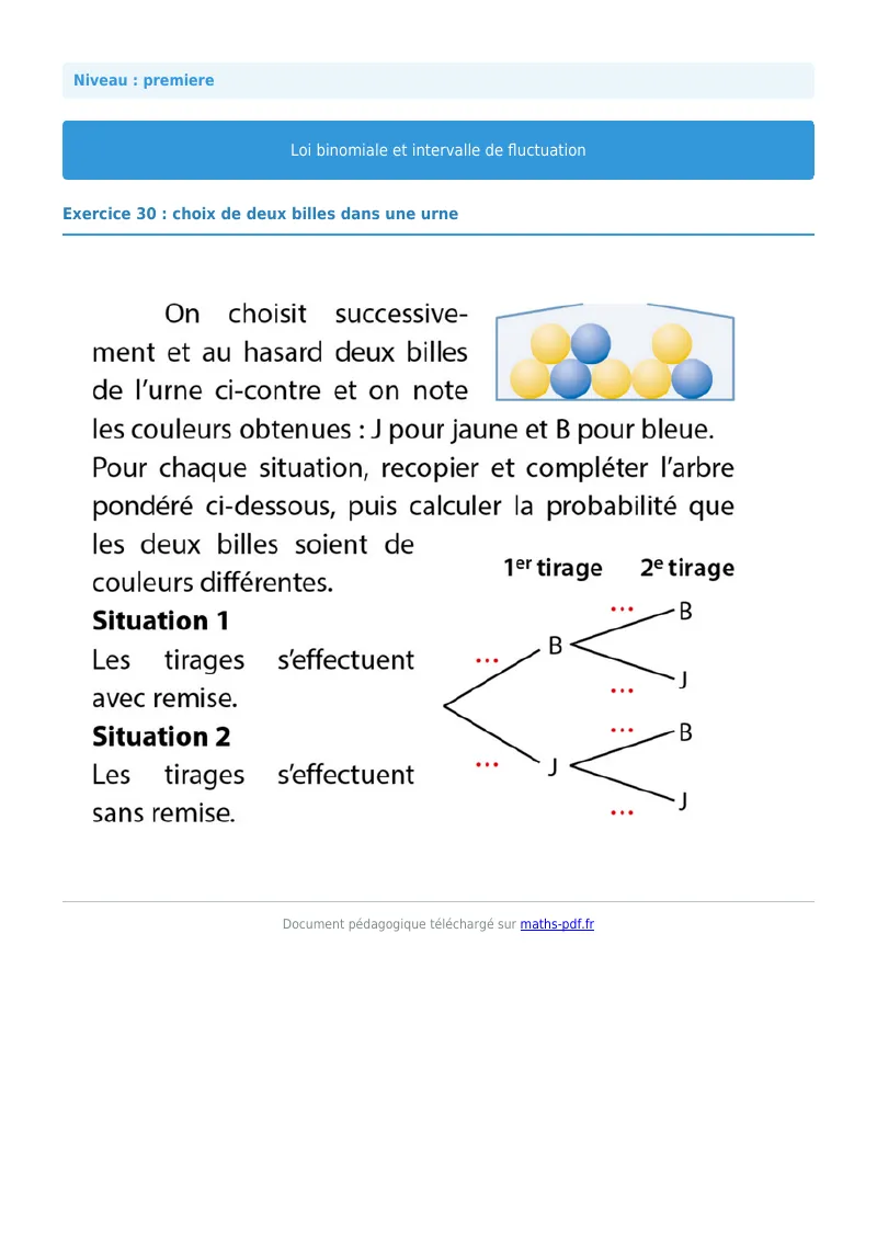 Loi binomiale et intervalle de fluctuation : exercice n°30 de maths en première corrigé en PDF