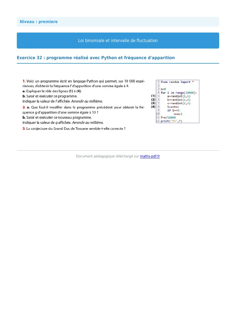 Loi binomiale et intervalle de fluctuation : exercice n°32 de maths en première corrigé en PDF
