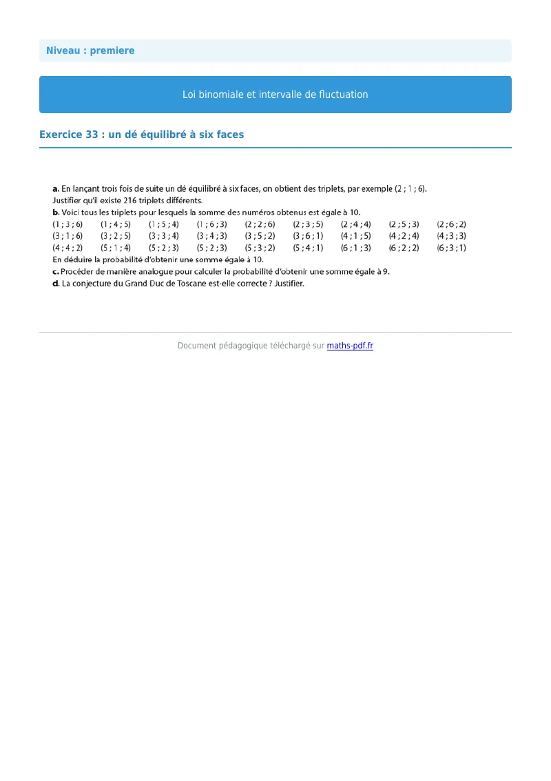 Loi binomiale et intervalle de fluctuation : exercice n°33 de maths en première corrigé en PDF