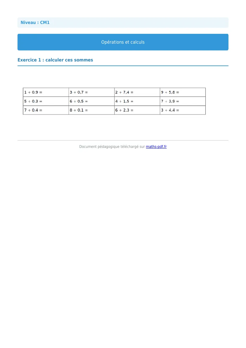 Opérations et calculs : exercice n°1 de maths en CM1 corrigé en PDF