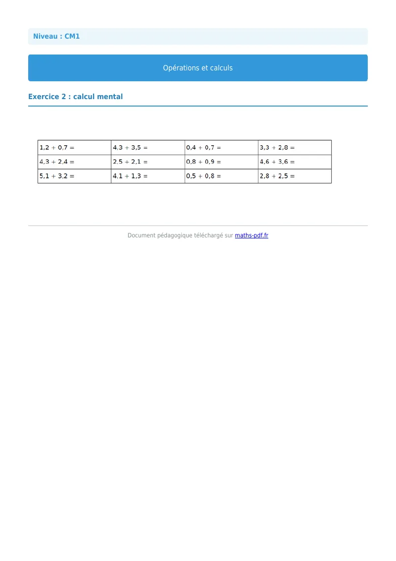 Opérations et calculs : exercice n°2 de maths en CM1 corrigé en PDF