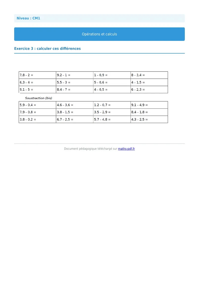 Opérations et calculs : exercice n°3 de maths en CM1 corrigé en PDF