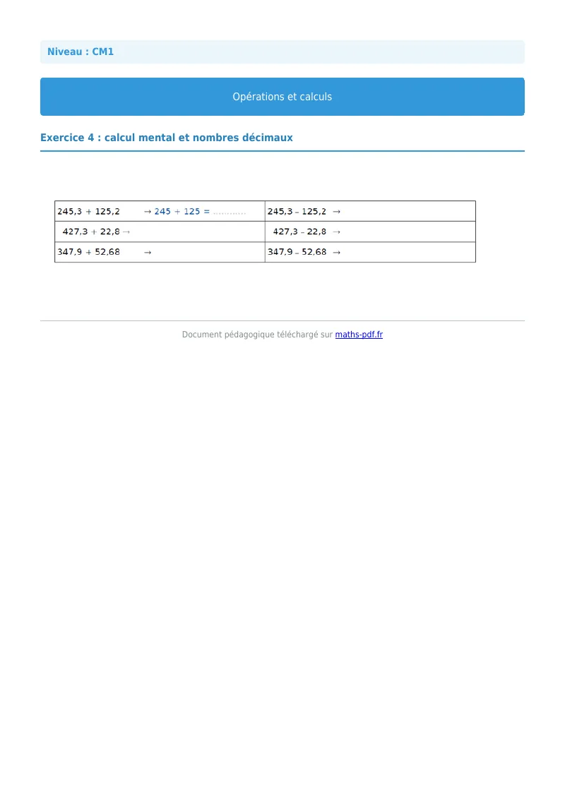 Opérations et calculs : exercice n°4 de maths en CM1 corrigé en PDF