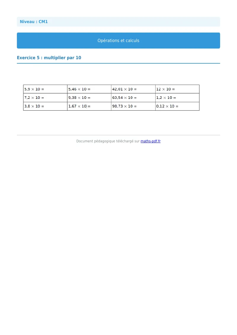 Opérations et calculs : exercice n°5 de maths en CM1 corrigé en PDF