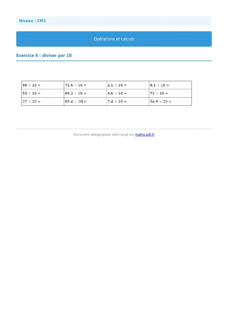 Opérations et calculs : exercice n°6 de maths en CM1 corrigé en PDF