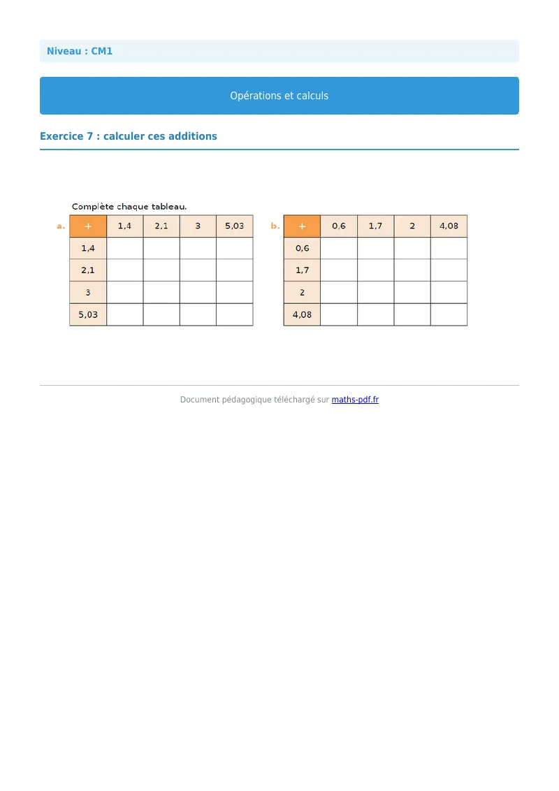 Opérations et calculs : exercice n°7 de maths en CM1 corrigé en PDF